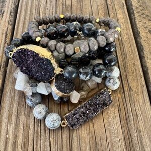 Keep It Gypsy Beaded Bracelet Stack Set of 5 Agate & Druzy Black NWOT